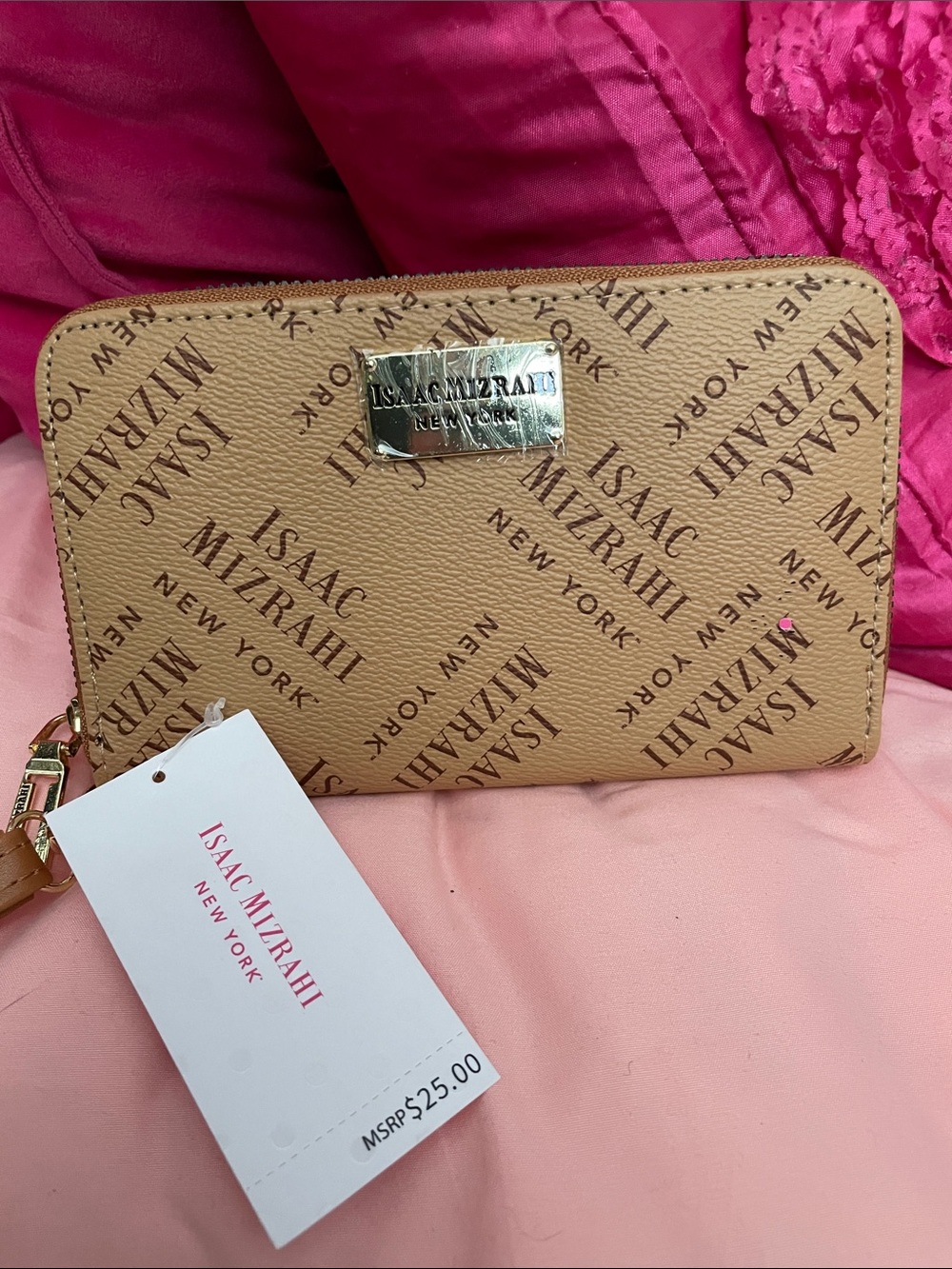 Isaac Mizrahi Beige Logo Zip Wallet